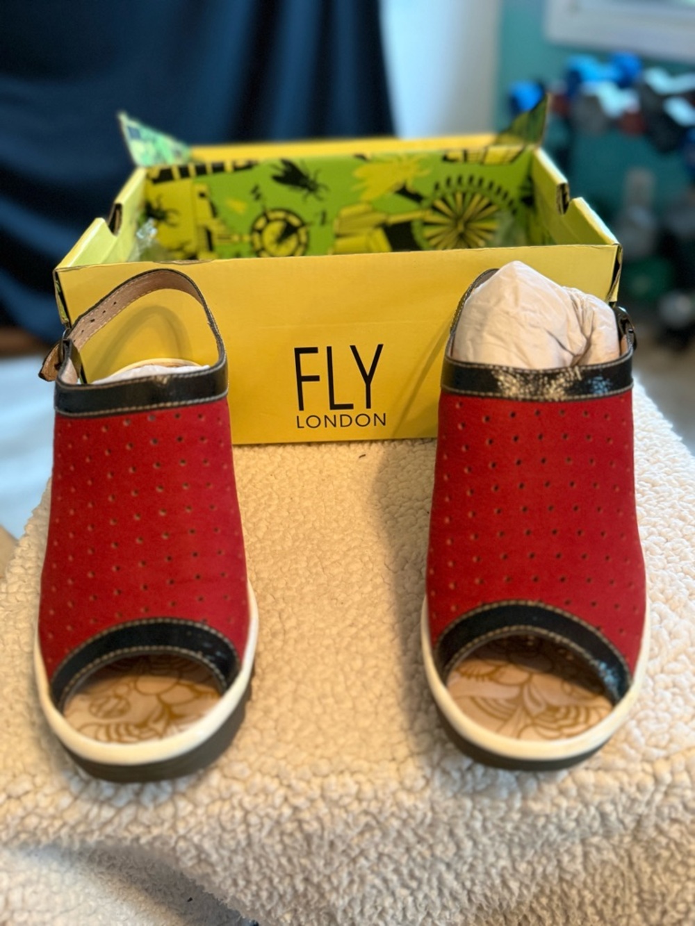 Fly London Red and Black Perforated Wedge Slingback Sandal
